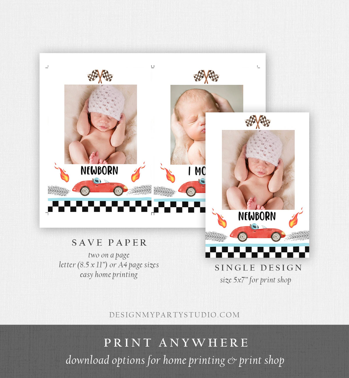 Editable Race Car Birthday Banner Monthly Photo Banner ANY AGE Growing Up Two Fast Red Fast One 1st Digital Download Template Printable 0424