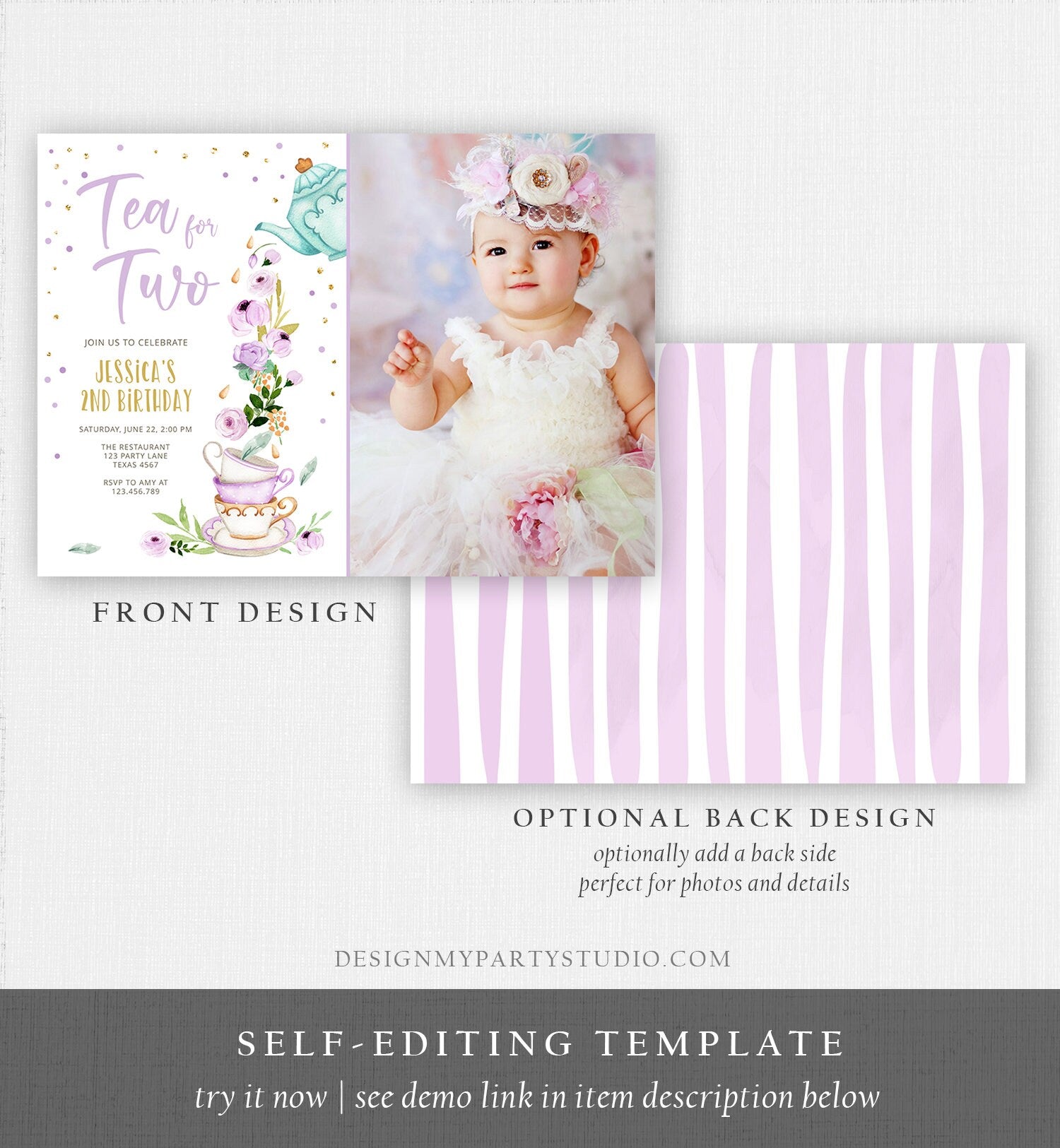 Editable Tea for Two Birthday Invitation Girl Tea Party Invite Pink Purple Floral Baby Shower Download Printable Template Digital Evite 0349