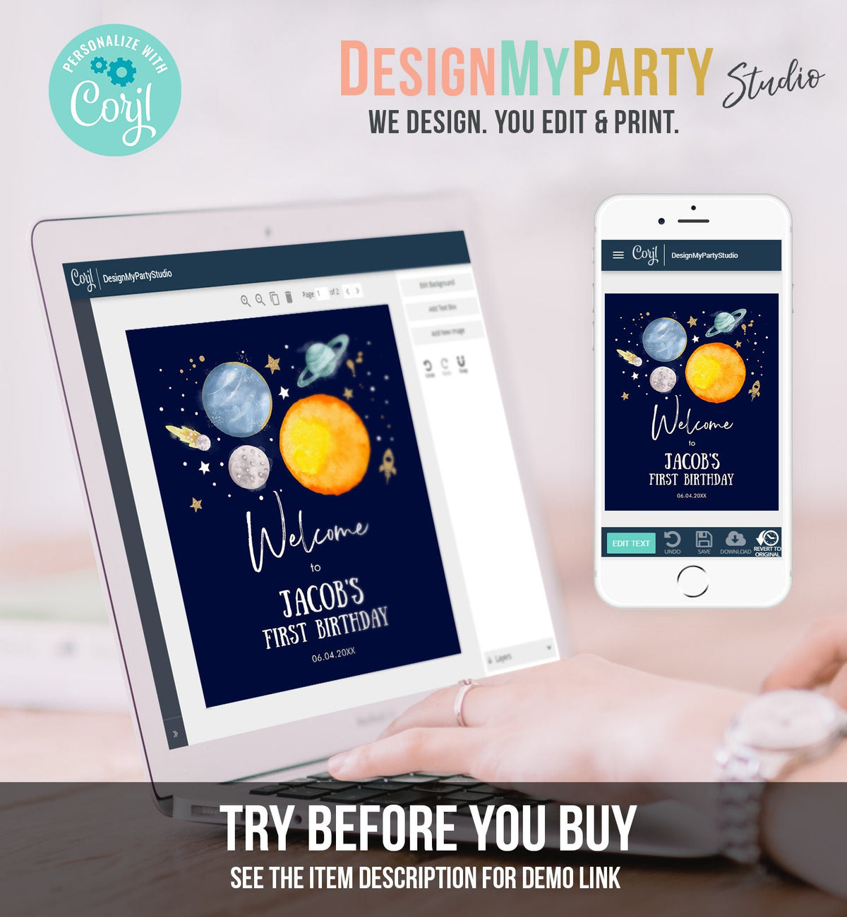 Editable Outer Space Birthday Welcome Sign 1st Birthday Boy Galaxy Planets Trip Around the Sun Astronaut Digital Template Printable 0357
