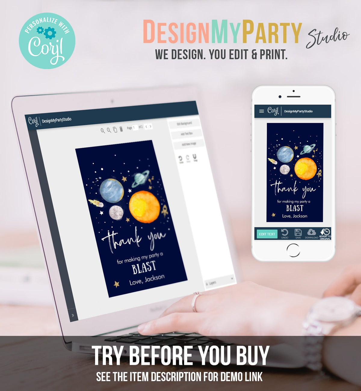 Editable Outer Space Favor Tags Space Birthday Thank you Label Galaxy Gift tags Trip Around the Sun Planets Template Corjl PRINTABLE 0357