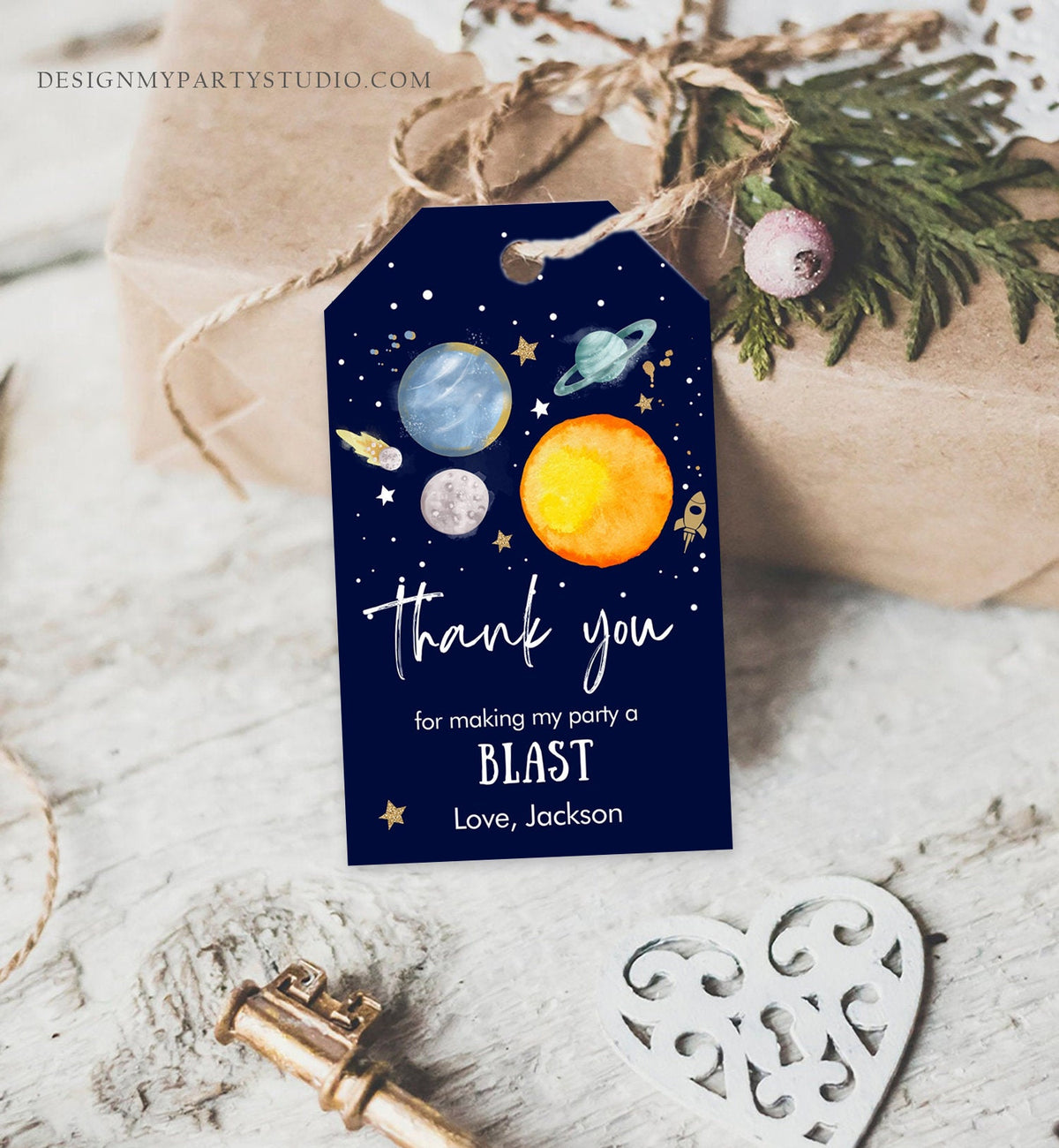 Editable Outer Space Favor Tags Space Birthday Thank you Label Galaxy Gift tags Trip Around the Sun Planets Template Corjl PRINTABLE 0357