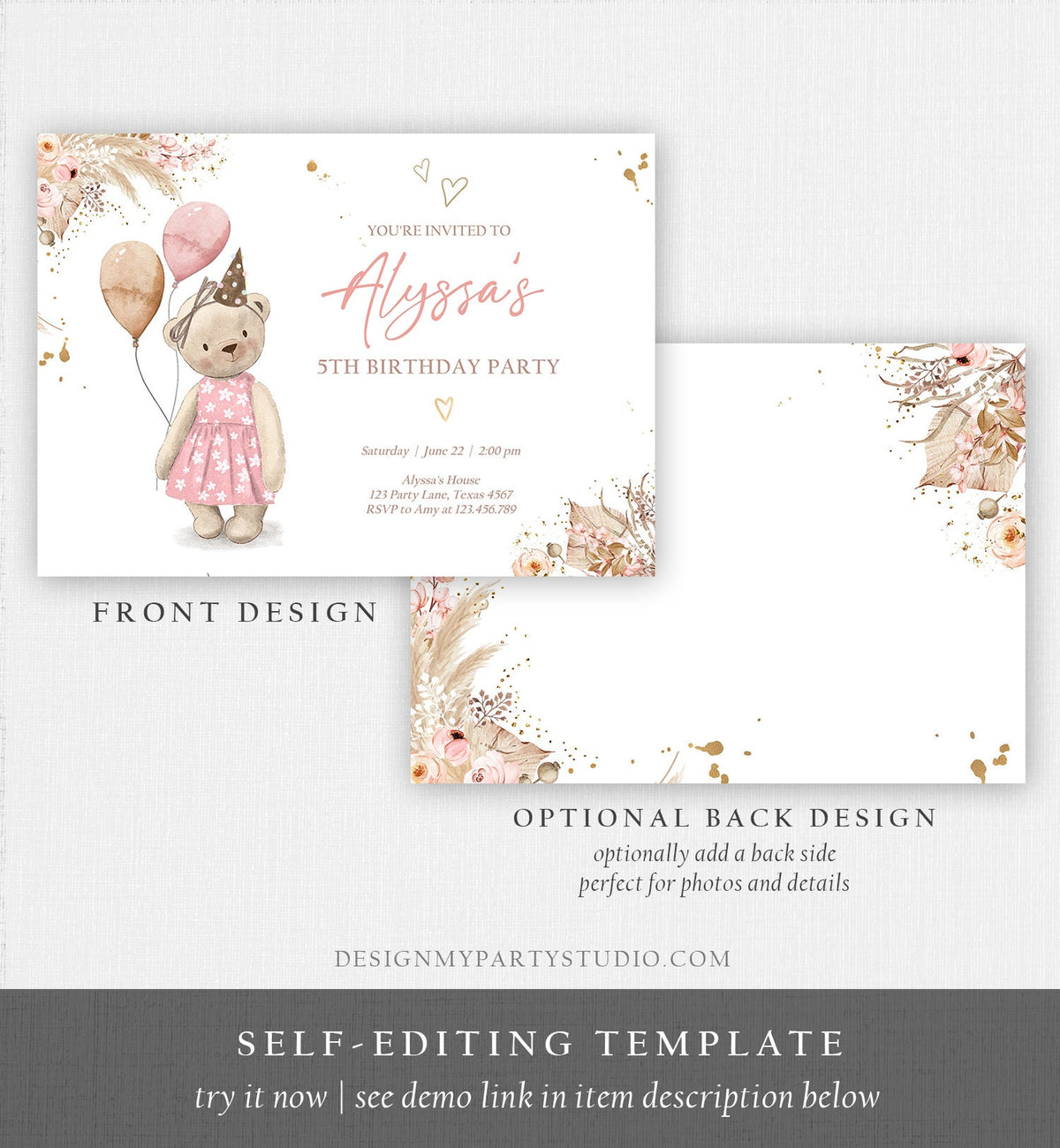 Editable Cute Teddy Bear Birthday Invitation Girl Boho Teddy Bear Picnic Summer Pampas Grass Pink Digital Download Template Printable 0421