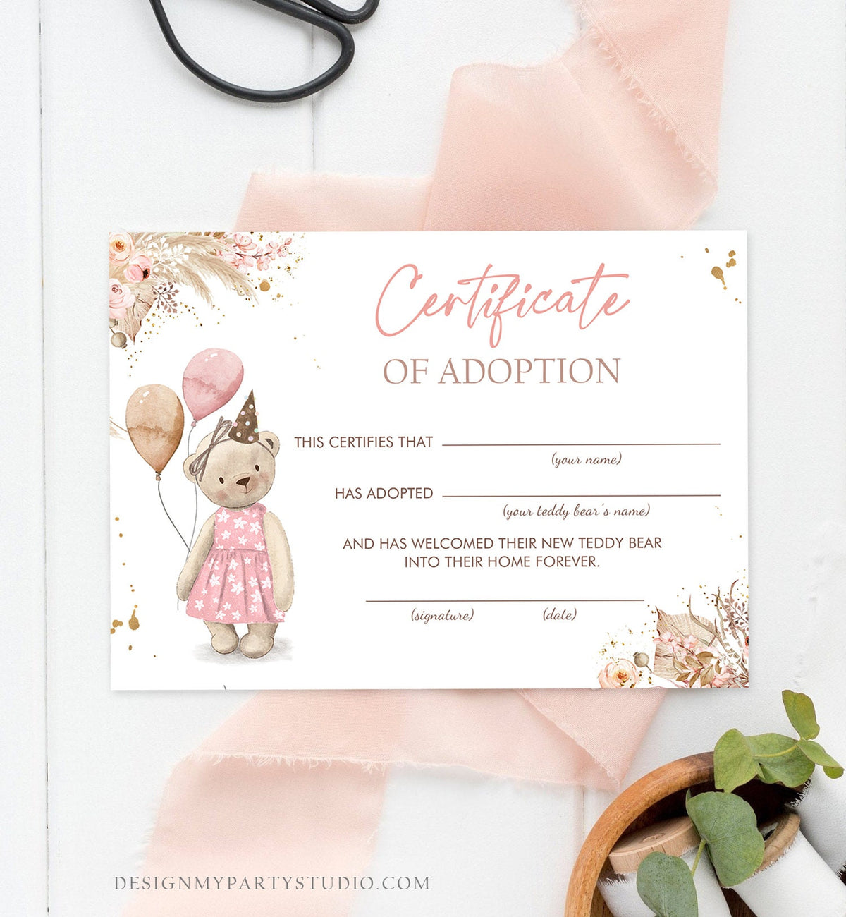 Teddy Bear Adoption Certificate Teddy Bear Birthday Boho Teddy Bear Picnic Girl Pink Adopt a Teddy Favors Digital Download Printable 0421