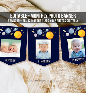Editable Outer Space Birthday Banner Monthly Photo Banner First Trip Around the Sun Galaxy Digital Download Corjl Template Printable 0357