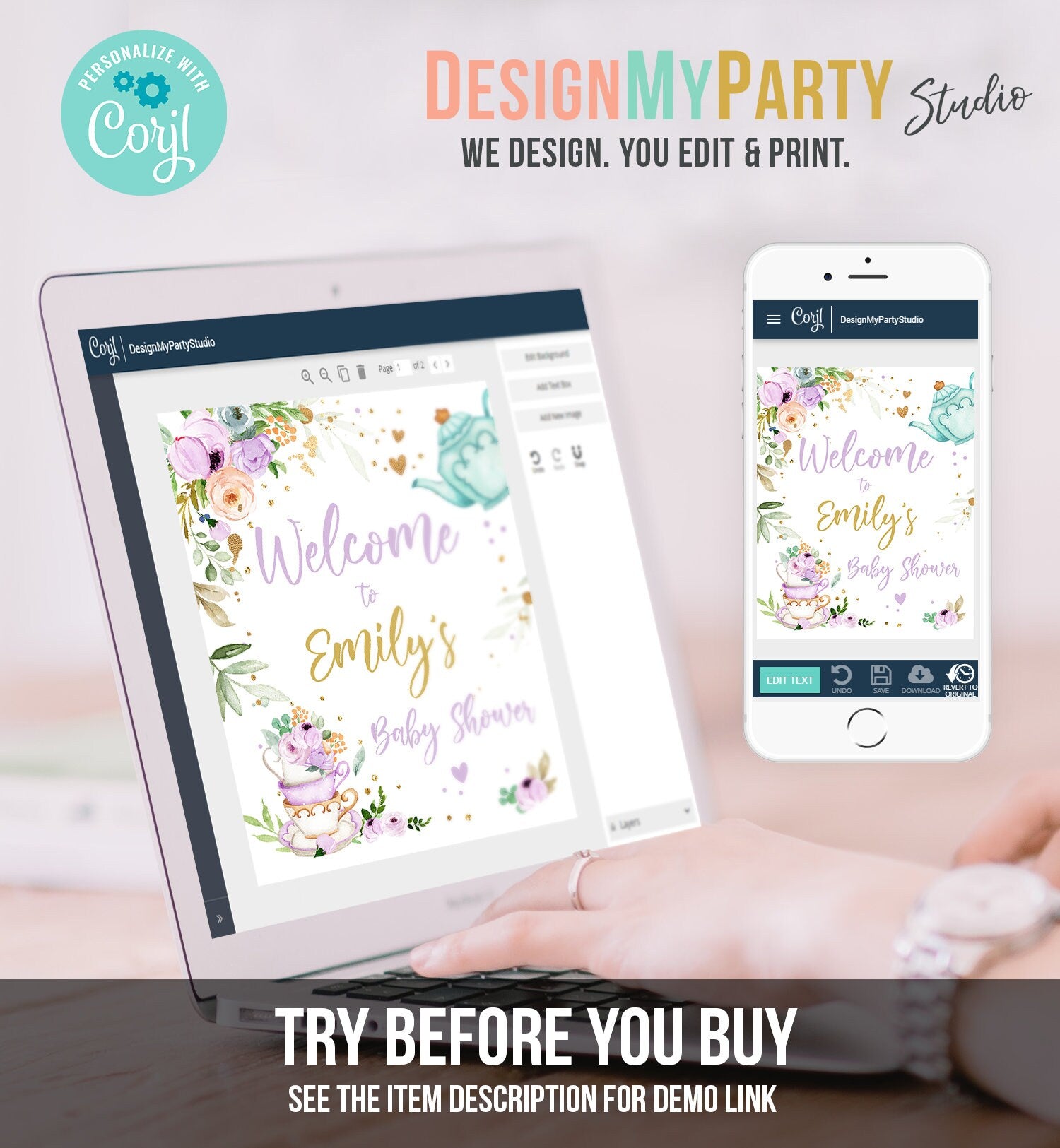 Editable Tea Baby Shower Welcome Sign Baby is Brewing Floral Purple Whimsical Neutral Shower Garden Party Digital Template Printable 0349