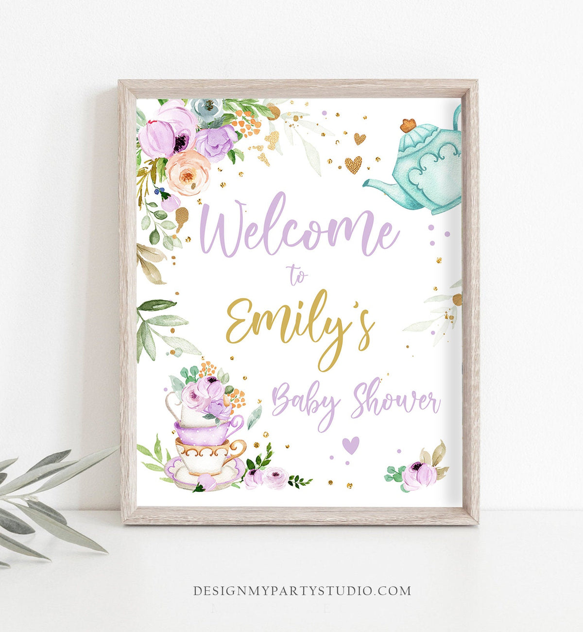Editable Tea Baby Shower Welcome Sign Baby is Brewing Floral Purple Whimsical Neutral Shower Garden Party Digital Template Printable 0349