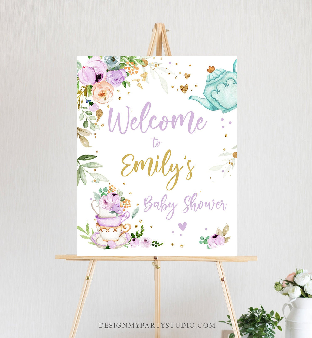 Editable Tea Baby Shower Welcome Sign Baby is Brewing Floral Purple Whimsical Neutral Shower Garden Party Digital Template Printable 0349