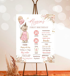 Editable Teddy Bear 1st Birthday Milestones Sign Girl Teddy Bear Picnic Birthday First Birthday Beary Download Corjl Template Printable 0421