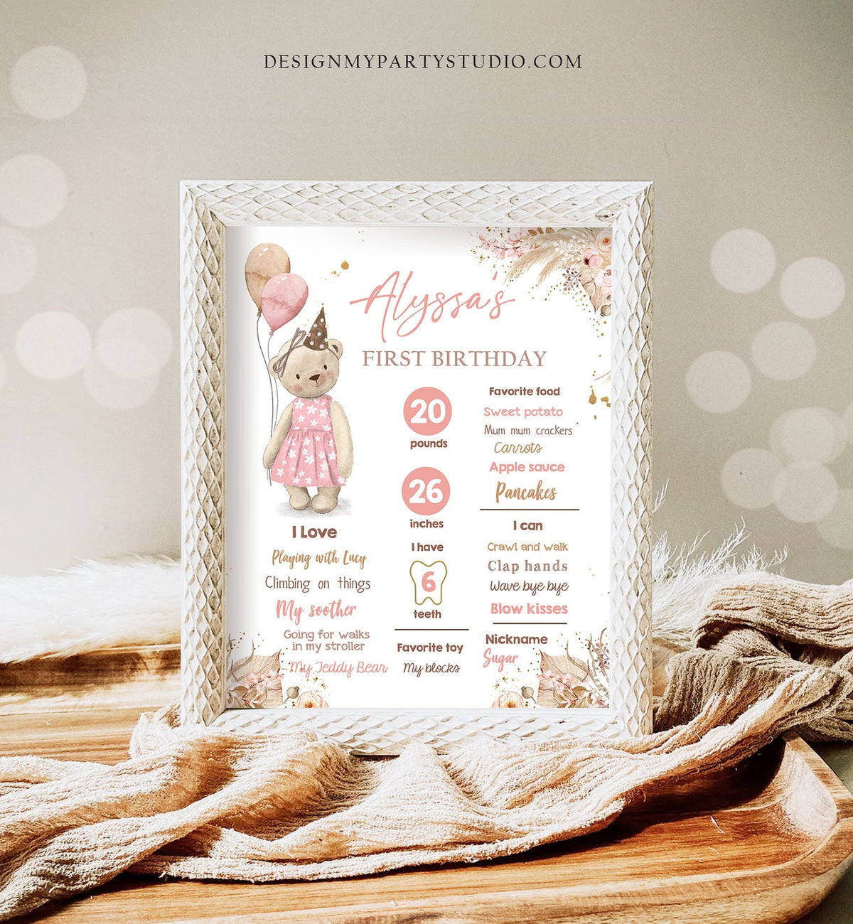 Editable Teddy Bear 1st Birthday Milestones Sign Girl Teddy Bear Picnic Birthday First Birthday Beary Download Corjl Template Printable 0421