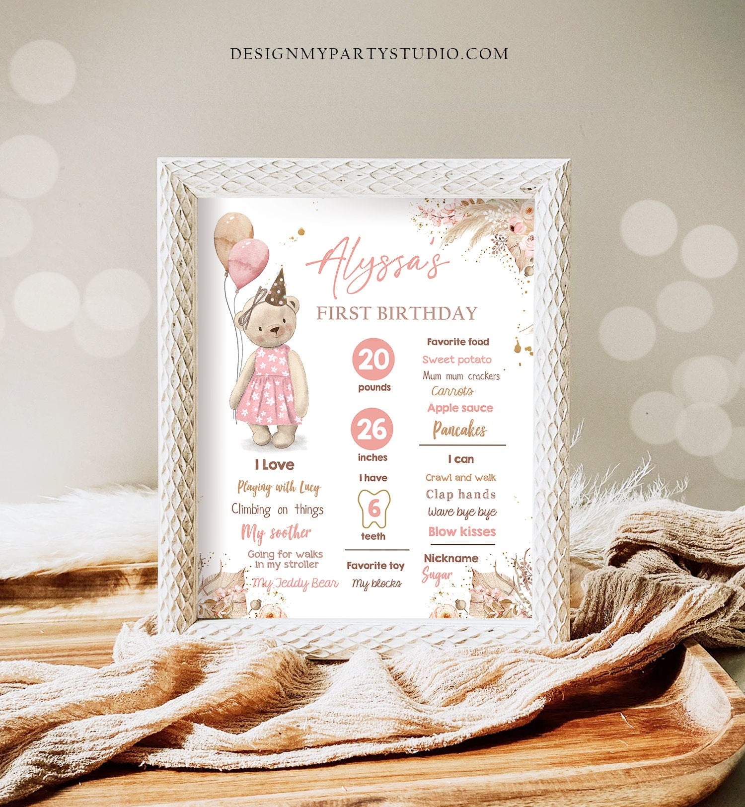 Editable Teddy Bear 1st Birthday Milestones Sign Girl Teddy Bear Picnic Birthday First Birthday Beary Download Corjl Template Printable 0421