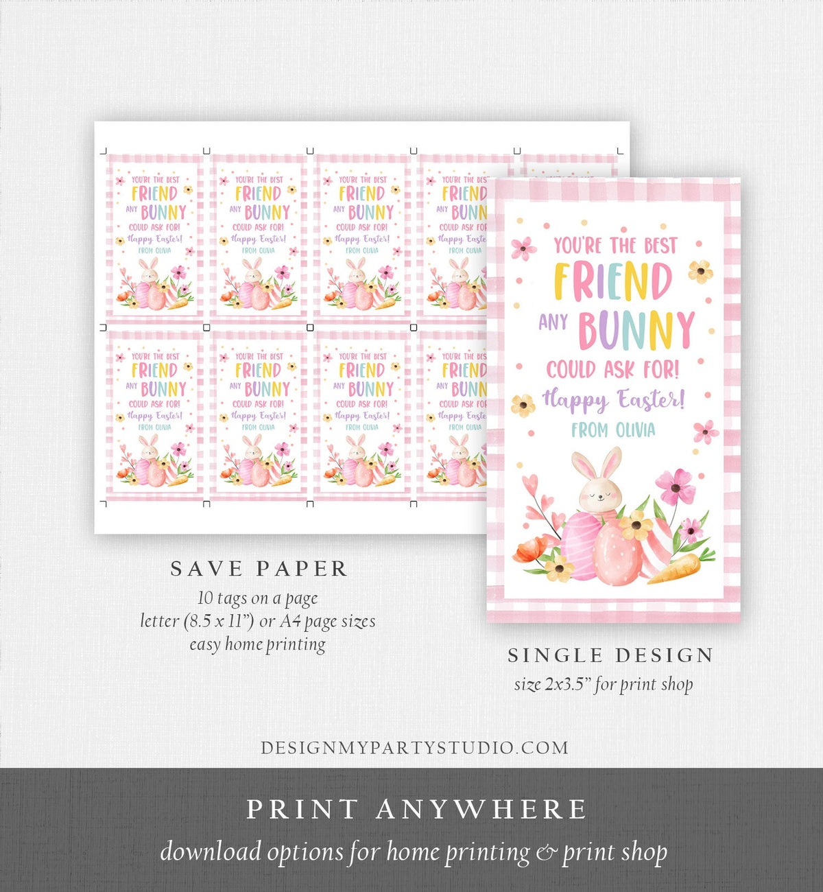 Editable Easter Gift Tags Easter You&#39;re the Best Friend Any Bunny Could Ask For Favor Tags Classroom Kids Bunny Digital PRINTABLE 0449