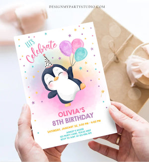 Editable Penguin Birthday Invitation Winter Party Arctic Animals Girl birthday Party Cute Penguin Baby Shower Printable Digital Corjl 0372