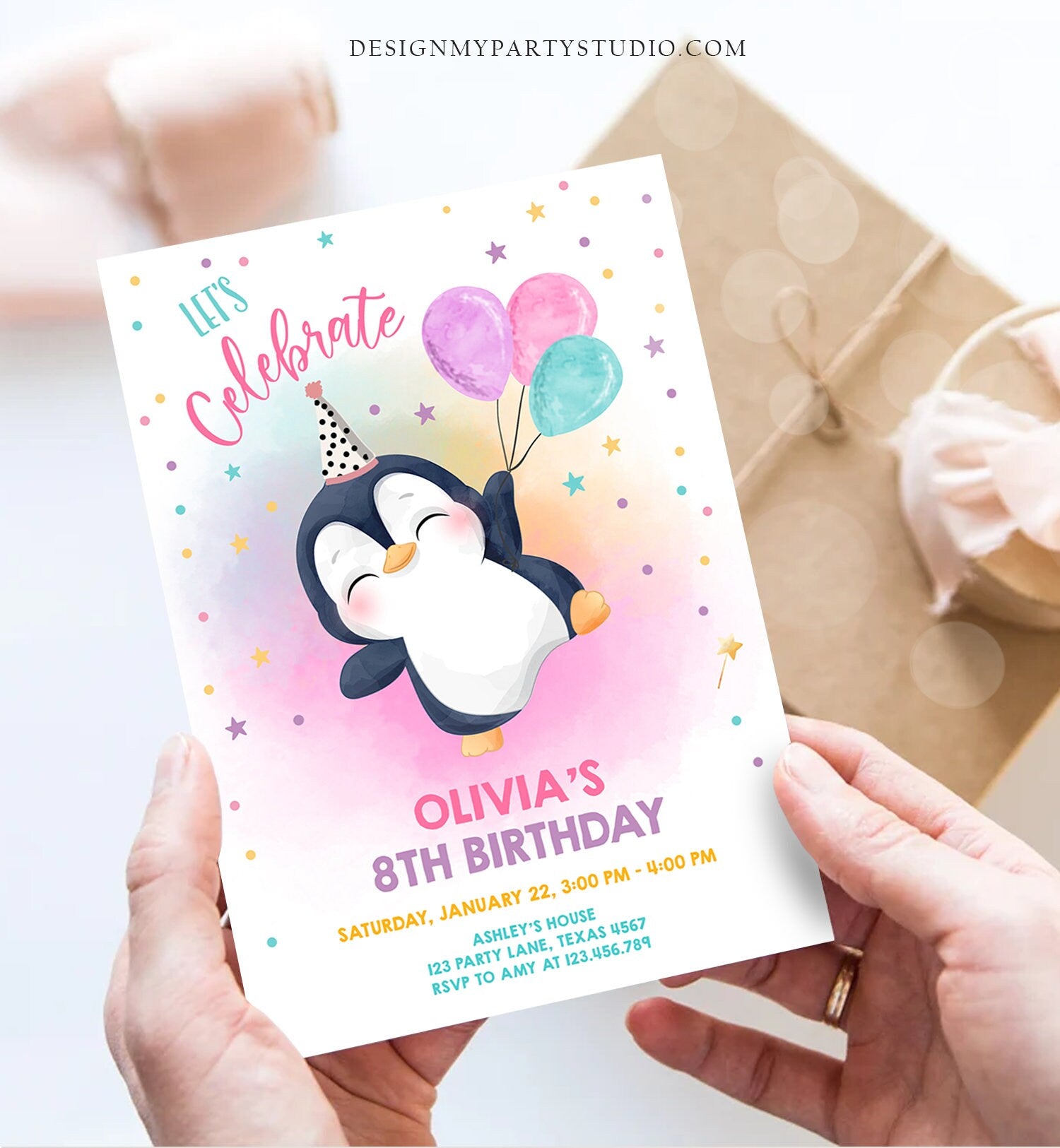 Editable Penguin Birthday Invitation Winter Party Arctic Animals Girl birthday Party Cute Penguin Baby Shower Printable Digital Evite 0372