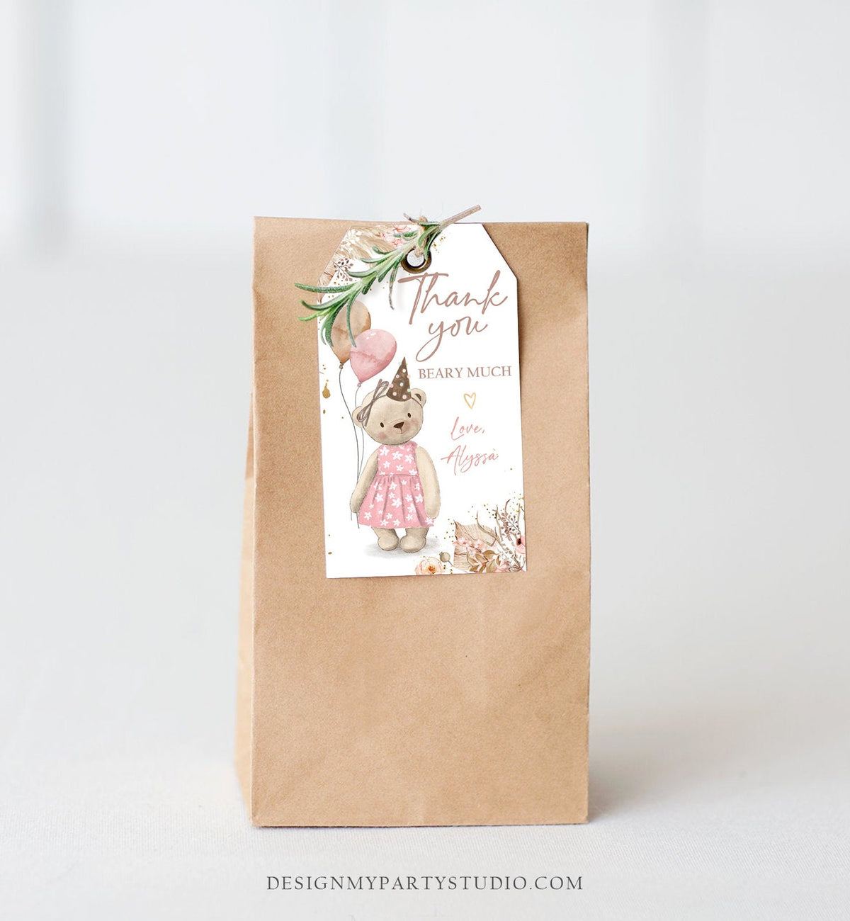 Editable Boho Teddy Bear Favor Tags Thank You Beary Much Tag Teddy Bear Birthday Tag Picnic Pink Girl Pampas Template Corjl PRINTABLE 0421