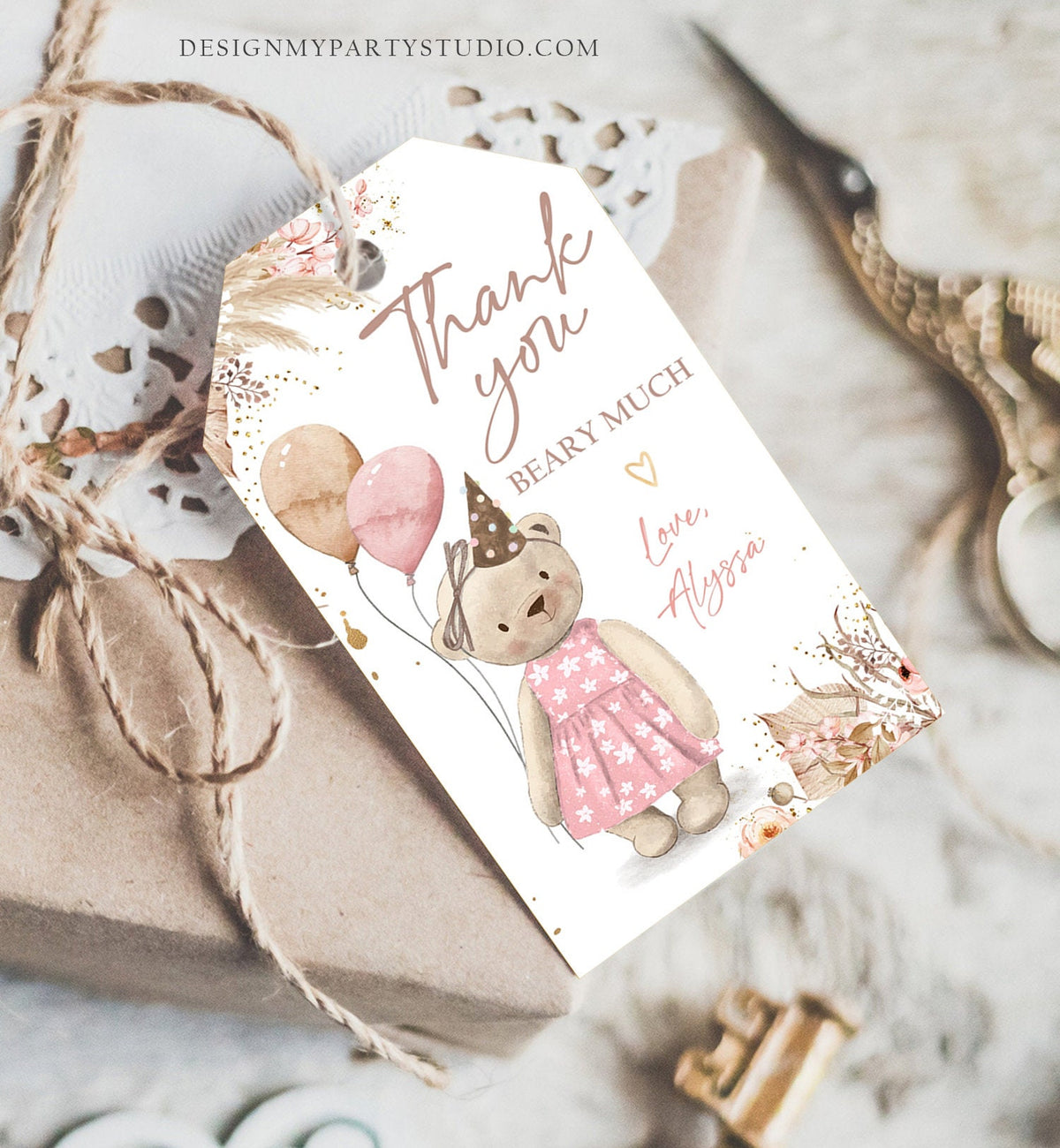 Editable Boho Teddy Bear Favor Tags Thank You Beary Much Tag Teddy Bear Birthday Tag Picnic Pink Girl Pampas Template Corjl PRINTABLE 0421