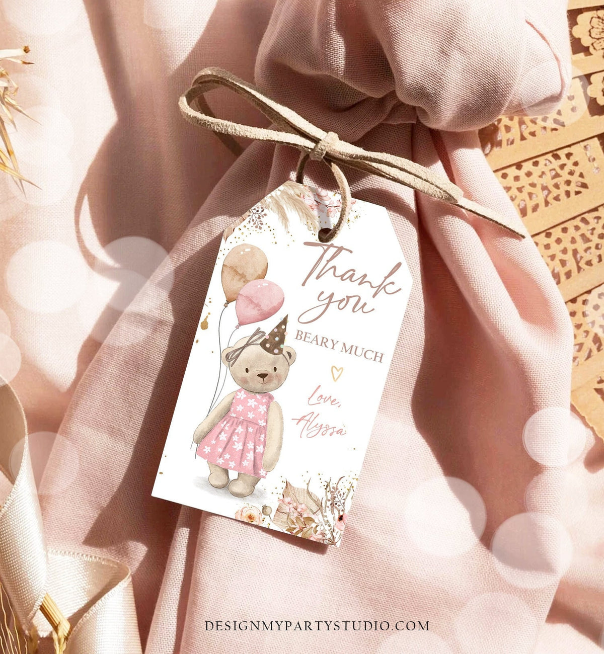 Editable Boho Teddy Bear Favor Tags Thank You Beary Much Tag Teddy Bear Birthday Tag Picnic Pink Girl Pampas Template Corjl PRINTABLE 0421