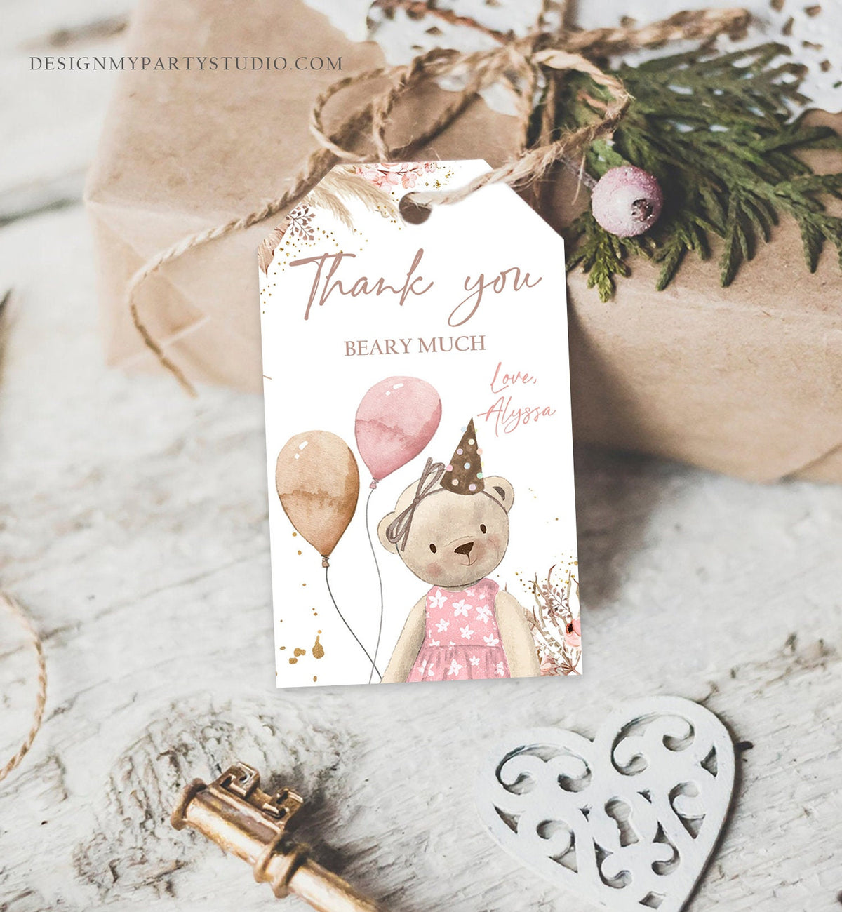 Editable Boho Teddy Bear Favor Tags Thank You Beary Much Tag Teddy Bear Birthday Tag Picnic Pink Girl Pampas Digital Template Pintable 0421
