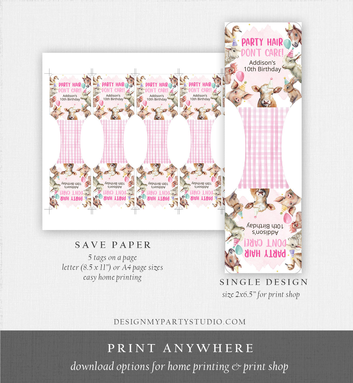 Editable Party Animals Birthday Favors Farm Animals Favors Hair Band Party Hair Farm Favors Barnyard Pink Template Printable Corjl 0448