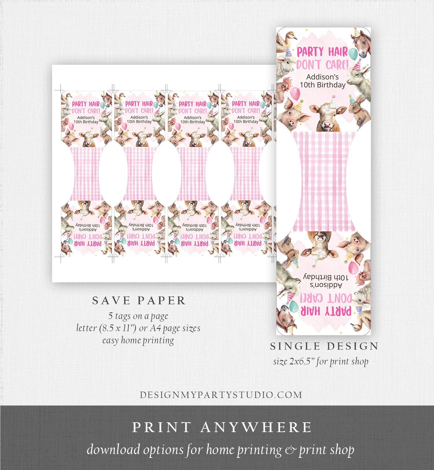 Editable Party Animals Birthday Favors Farm Animals Favors Hair Band Party Hair Farm Favors Barnyard Pink Template Printable Corjl 0448