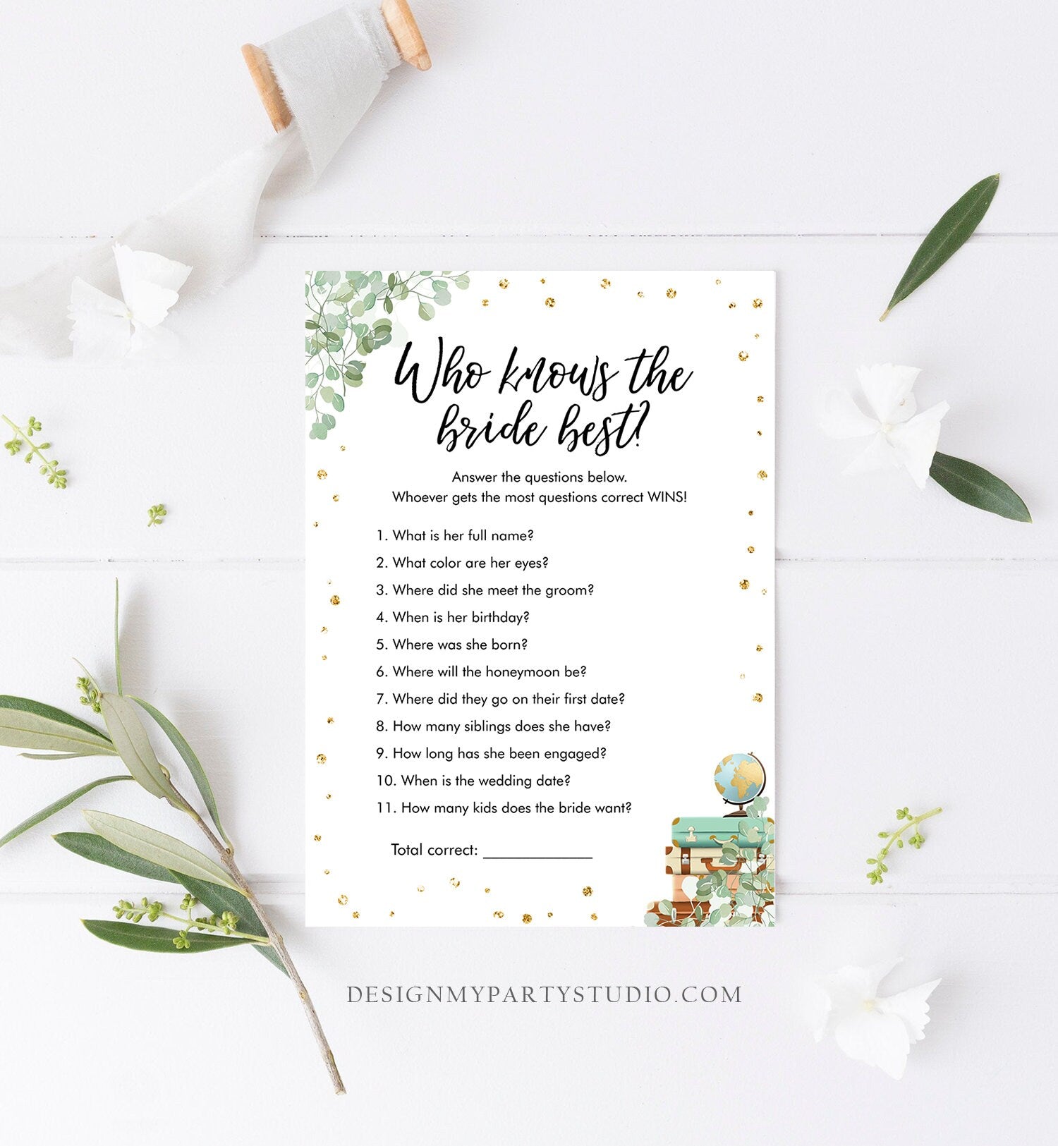 Editable Who Knows the Bride Best Bridal Shower Game Wedding Shower Activity Eucalyptus Gold Confetti Corjl Template Printable 0030
