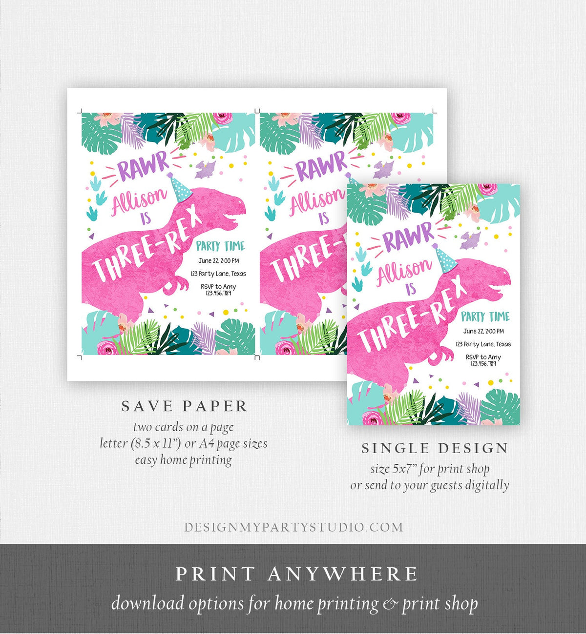 Editable Three-Rex Dinosaur Birthday Invitation Dino T-Rex Third Birthday 3rd Rawr Girl Pink Dino Prehistoric Printable Corjl Template 0423