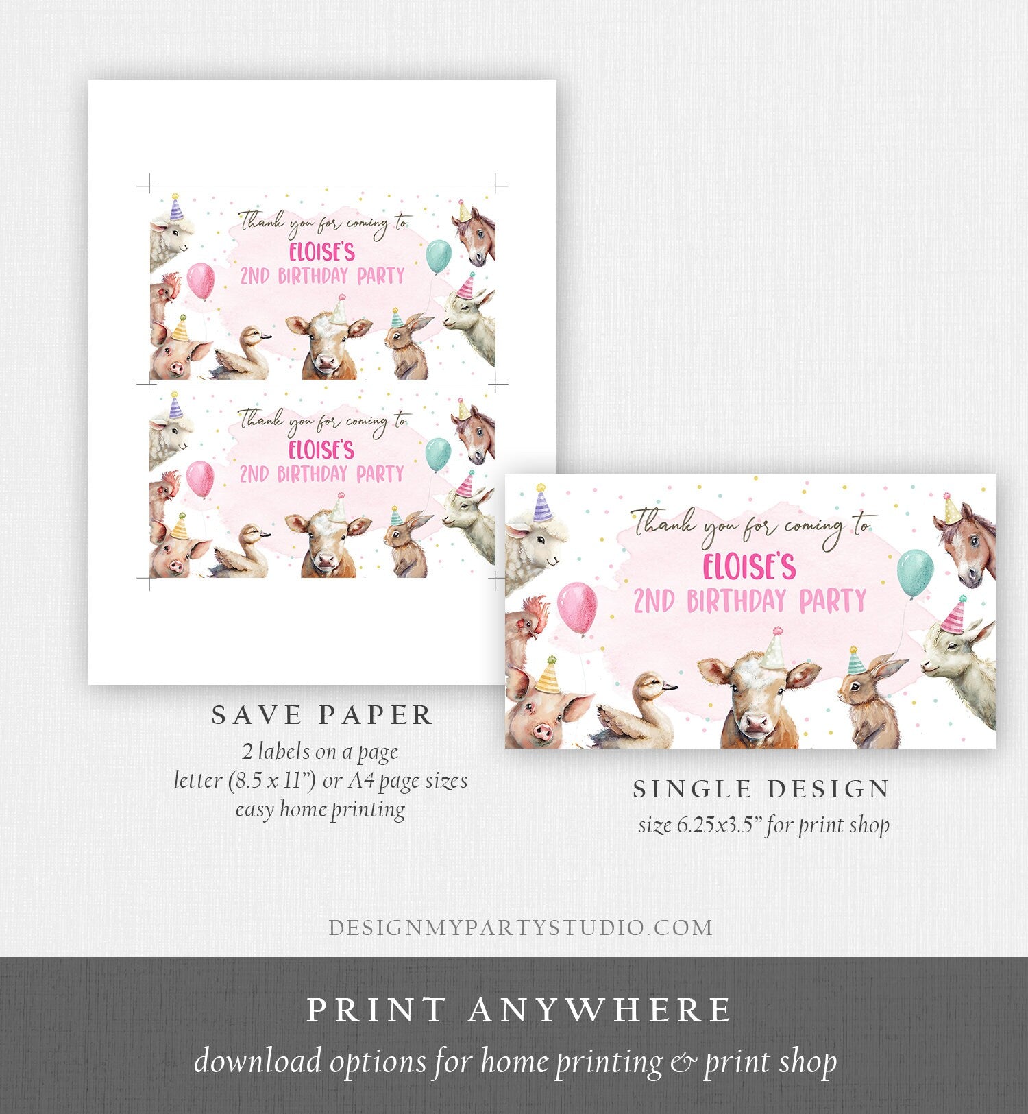 Editable Farm Animals Gable Gift Box Label Pink Farm Birthday Girl Treat Box Party Animals Barnyard Party Digital Template Printable 0448