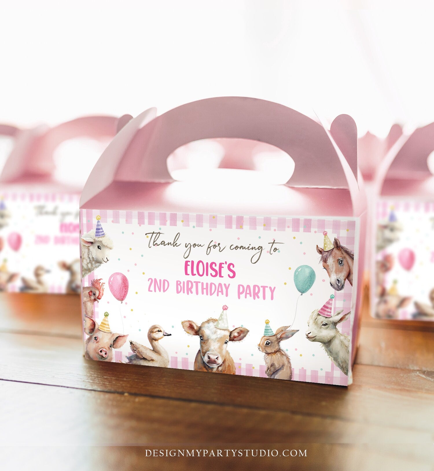 Editable Farm Animals Gable Gift Box Label Pink Farm Birthday Girl Treat Box Label Party Animals Barnyard Party Digital Printable Corjl 0448