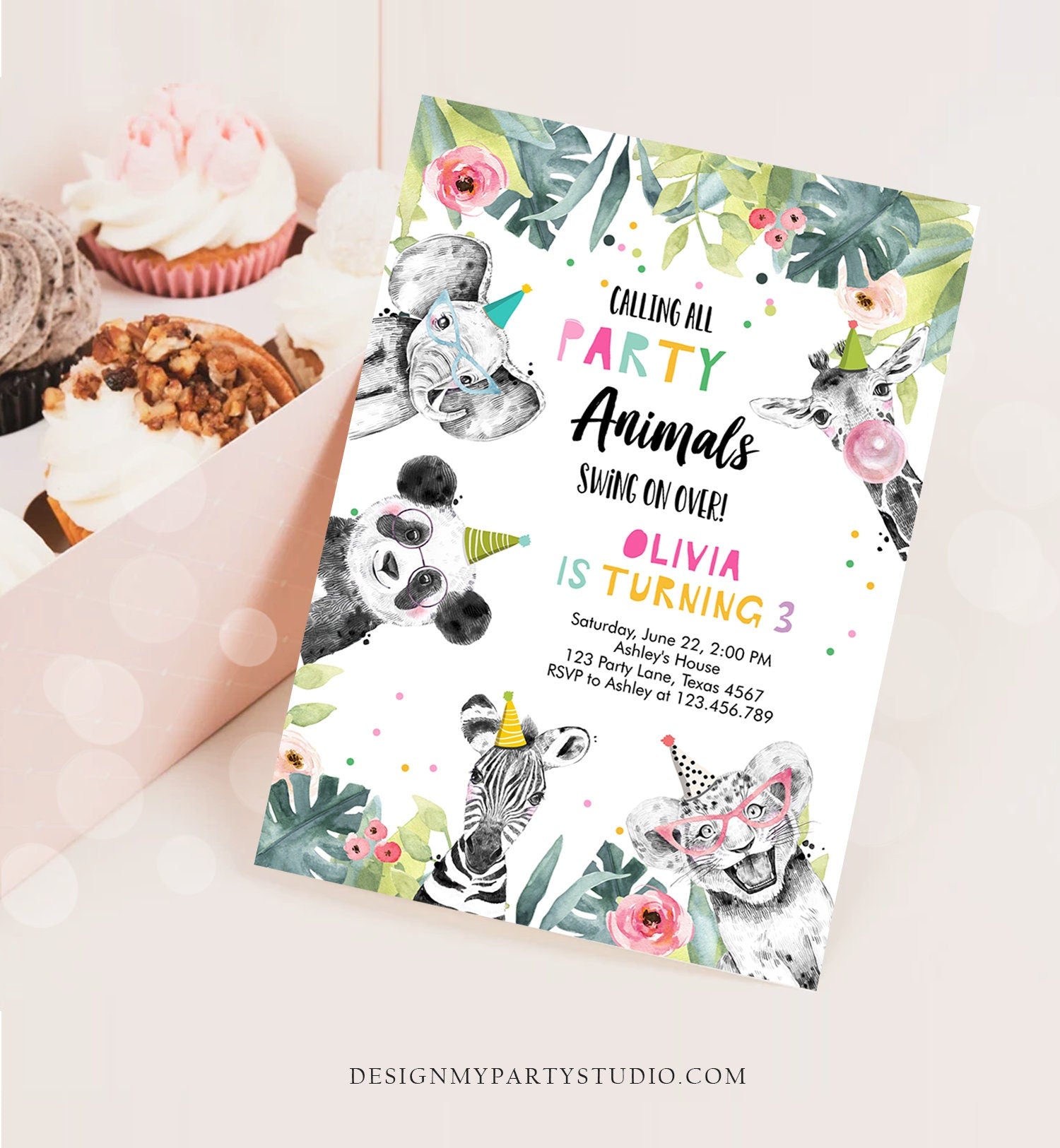 Editable Party Animals Birthday Invitation Animals Invitation Zoo Safari Animals Girl Panda Download Printable Invite Template Corjl 0322