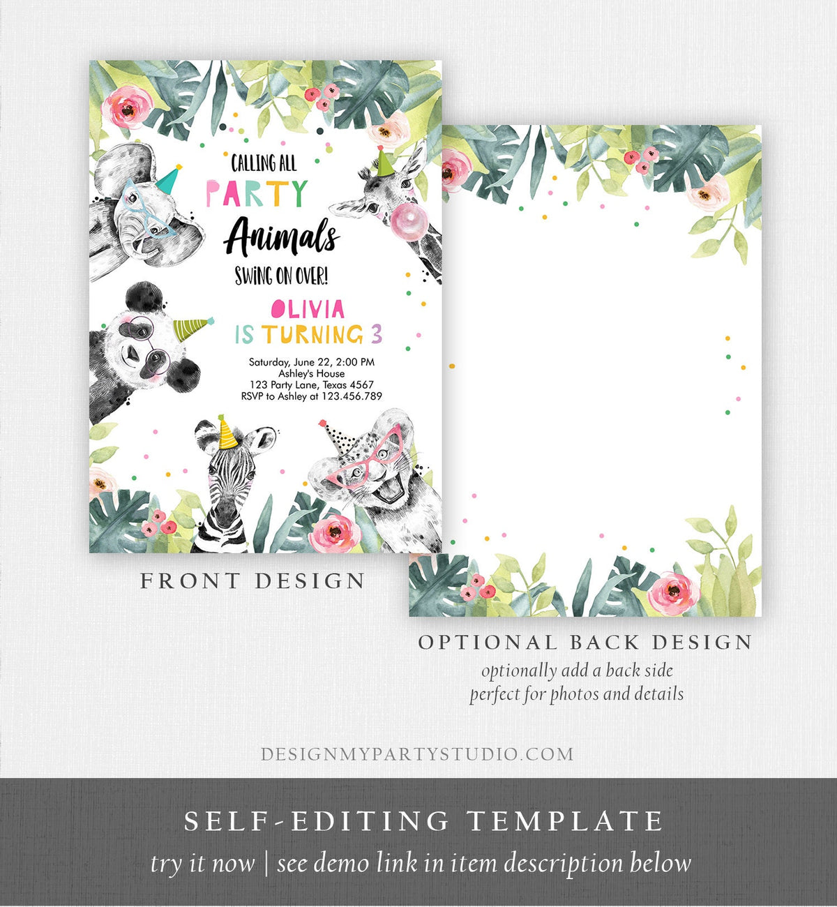 Editable Party Animals Birthday Invitation Animals Invitation Zoo Safari Animals Girl Panda Download Printable Invite Template Corjl 0322