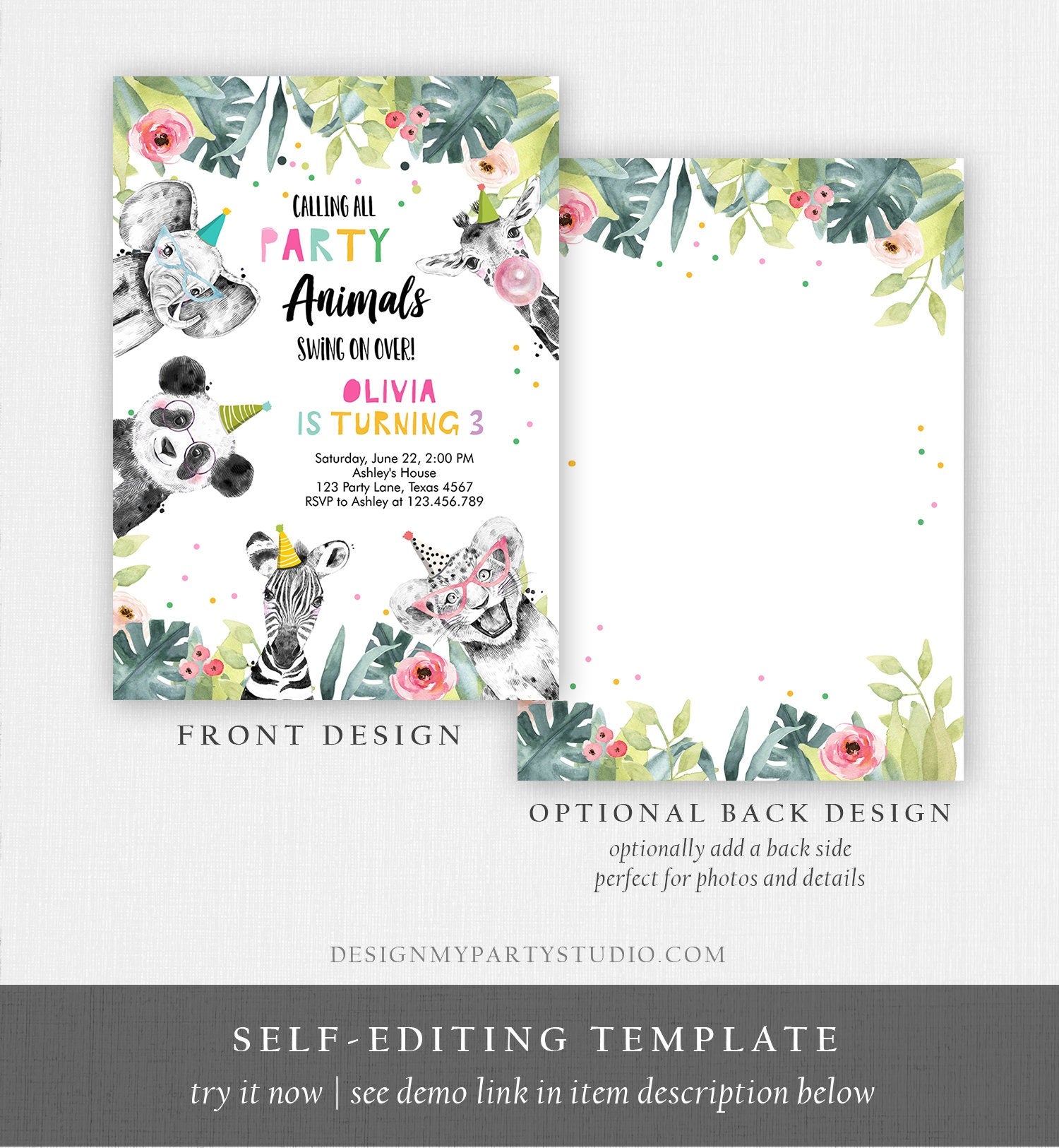 Editable Party Animals Birthday Invitation Animals Invitation Zoo Safari Animals Girl Panda Download Printable Invite Template Corjl 0322