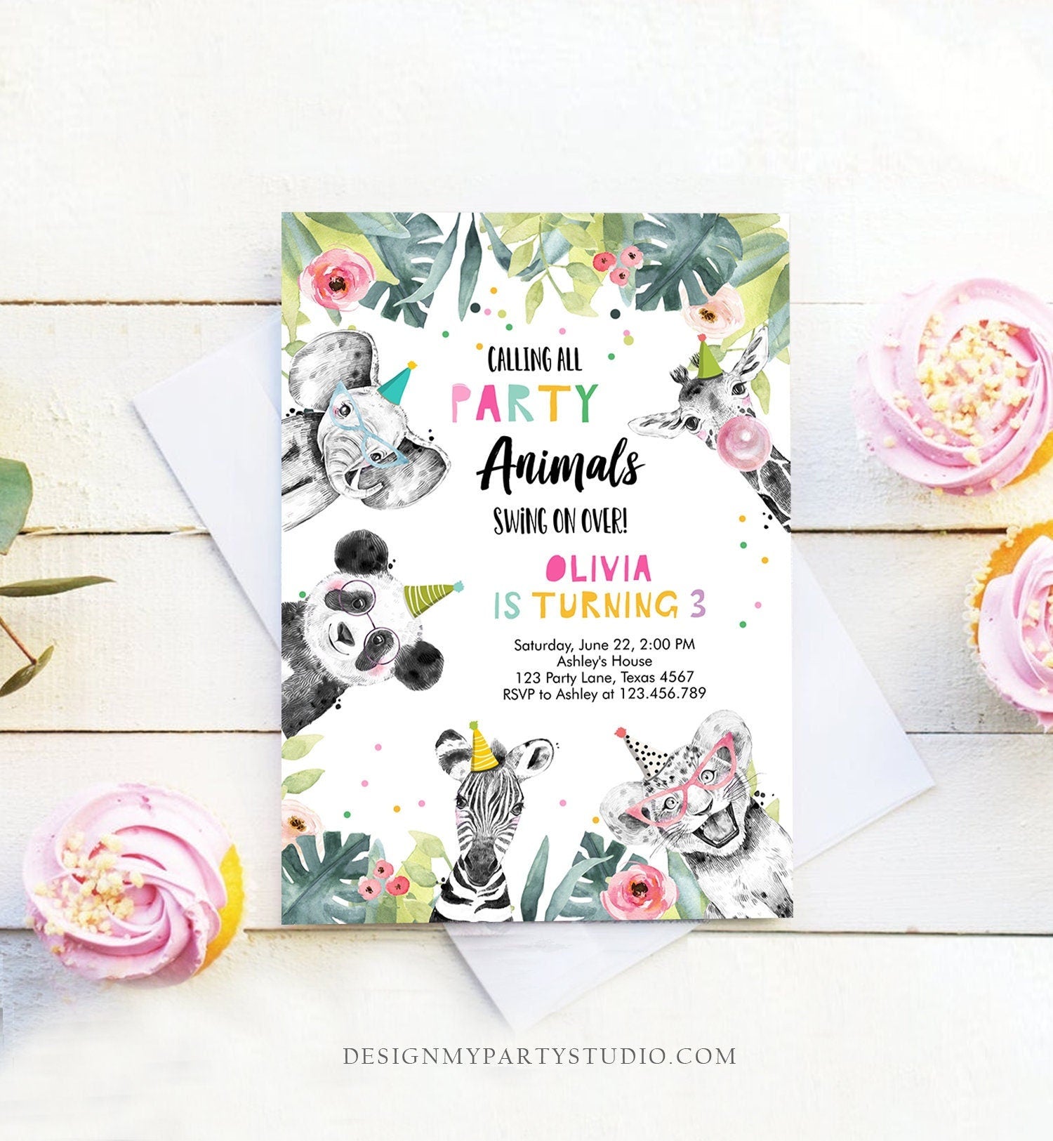 Editable Party Animals Birthday Invitation Animals Invitation Zoo Safari Animals Girl Panda Download Printable Invite Template Corjl 0322