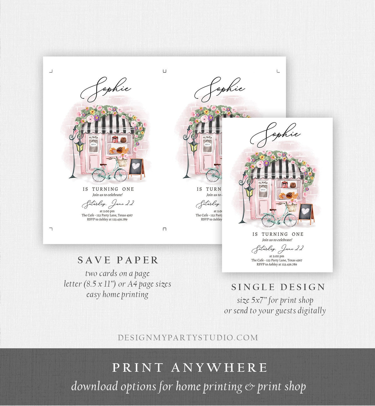 Editable Paris Birthday Invitation Girl Tea Party Invite Pink Floral French Parisian Cafe Patisserie Printable Template Evite Digital 0441