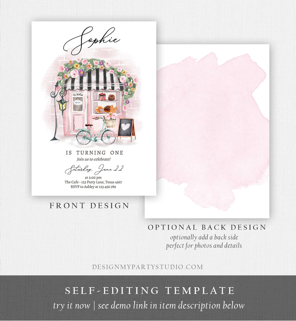 Editable Paris Birthday Invitation Girl Tea Party Invite Pink Floral French Parisian Cafe Patisserie Printable Template Evite Digital 0441