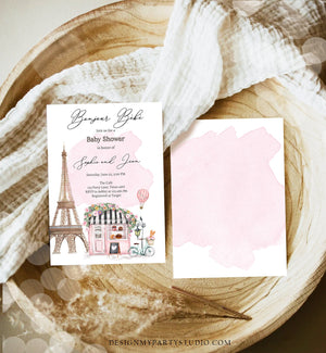 Editable Paris Baby Shower Invitation Bonjour Bebe French Patisserie Parisian Eiffel Tower Floral Pink Printable Template Corjl Digital 0441