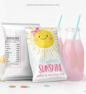 Editable Our Little Sunshine Chip Bag Sun Birthday Party 1st First Trip Around the Sun Girl Pink Summer Download Digital Corjl Template 0141