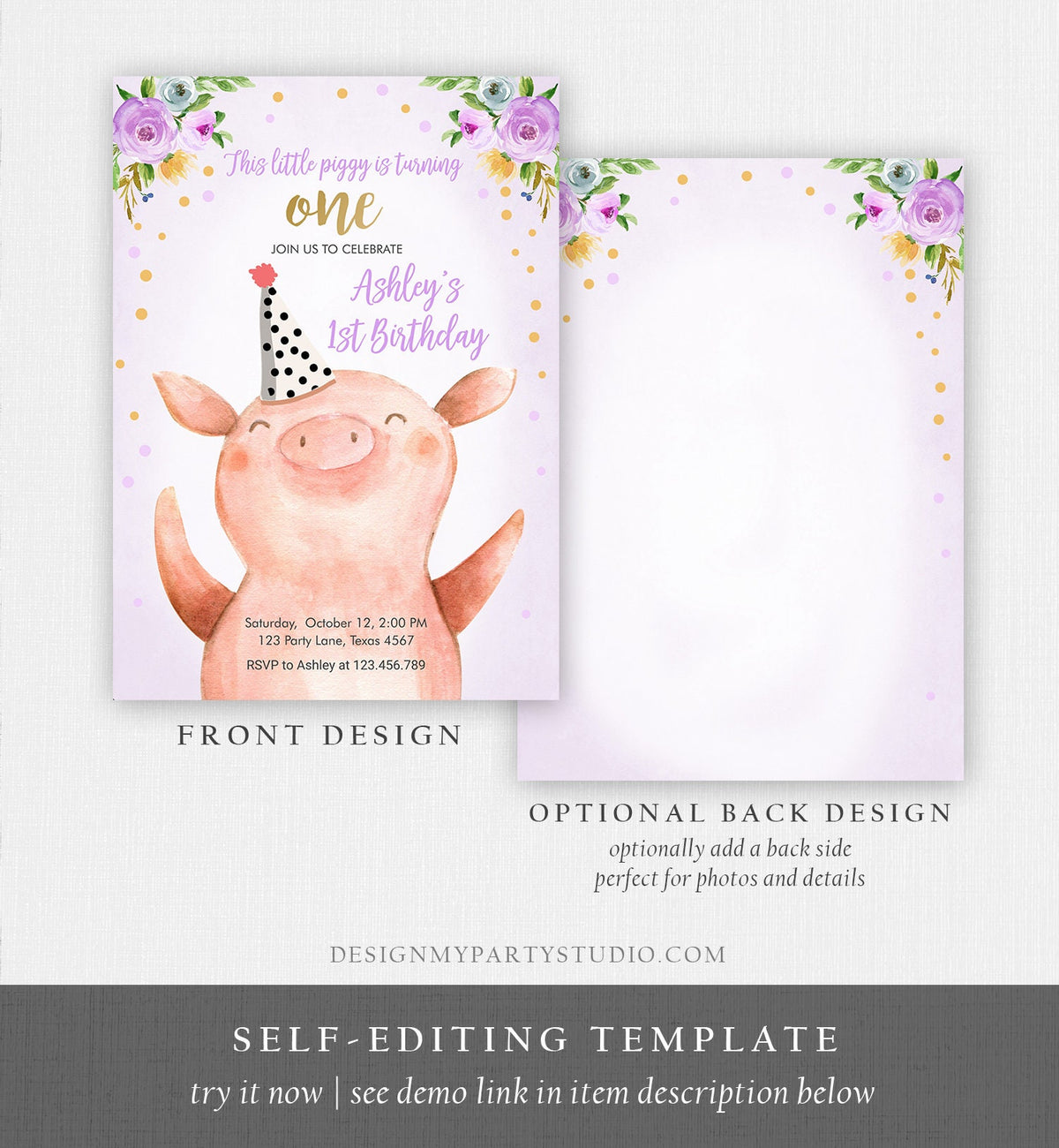 Editable Pig Birthday Invitation Girl Farm Animals Purple Floral Barnyard Party Download Printable Invitation Template Evite Digital 0188