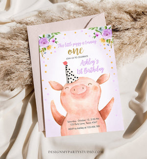 Editable Pig Birthday Invitation Girl Farm Animals Purple Floral Barnyard Party Download Printable Invitation Template Corjl Digital 0188