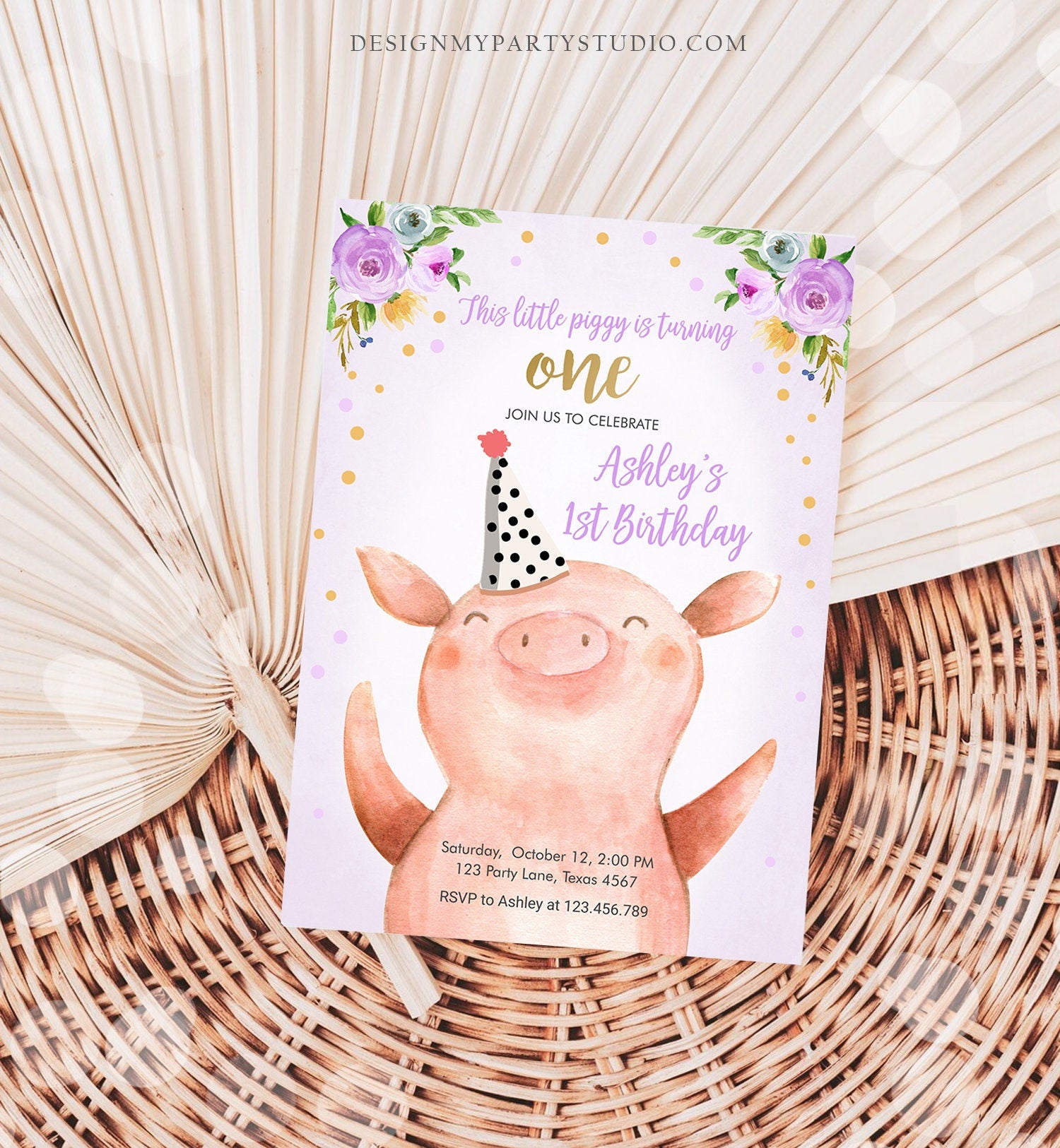 Editable Pig Birthday Invitation Girl Farm Animals Purple Floral Barnyard Party Download Printable Invitation Template Evite Digital 0188