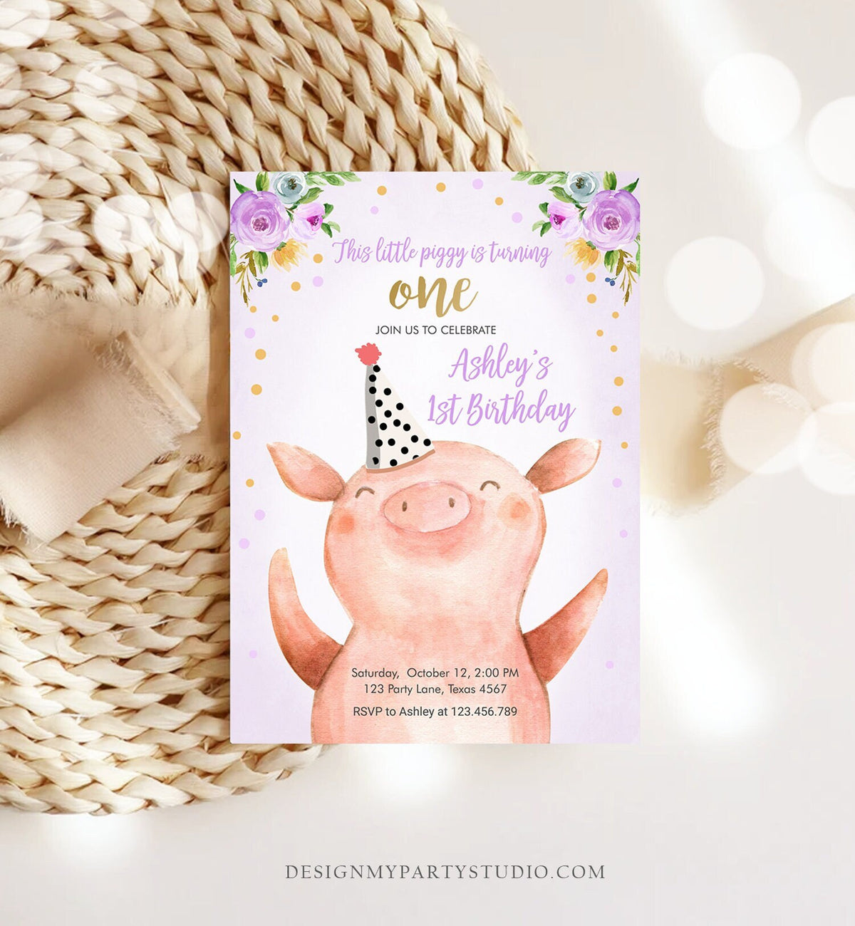 Editable Pig Birthday Invitation Girl Farm Animals Purple Floral Barnyard Party Download Printable Invitation Template Evite Digital 0188