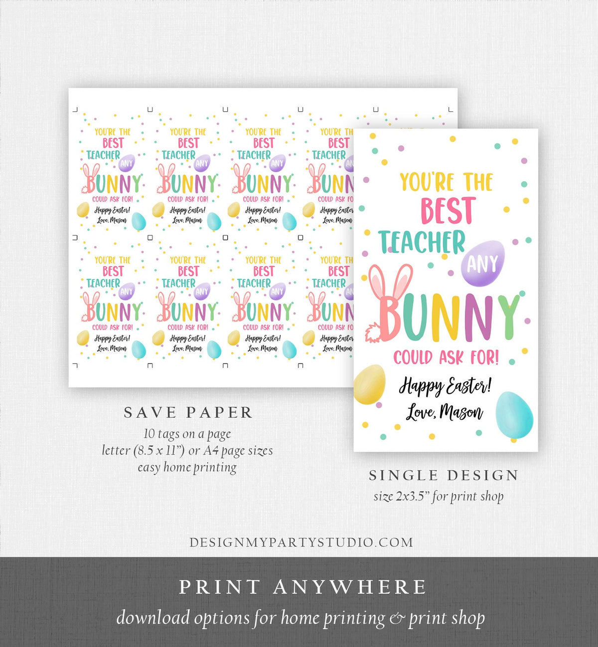 Editable Teacher Gift Tags Easter You&#39;re the Best Teacher Any Bunny Could Ask For Favor Tags Teacher Appreciation Digital PRINTABLE 0449