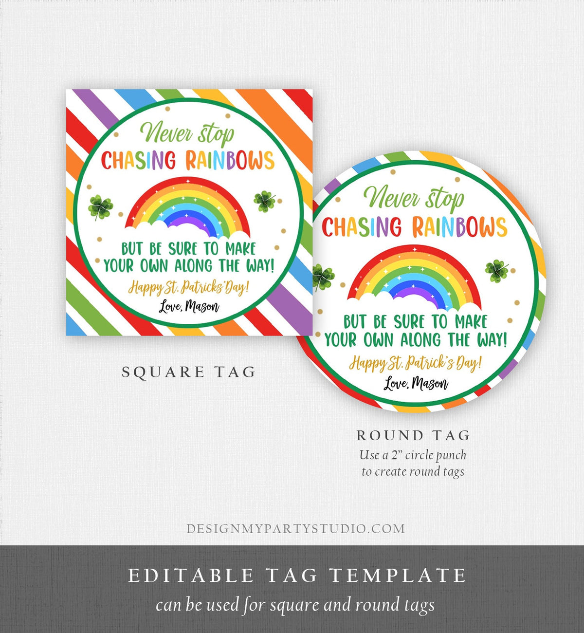 Editable Chasing Rainbows Tag St Patrick&#39;s Day Favor Classroom Gift Crayons Pot of Gold Shamrock Leprechaun Digital Template Printable 0451