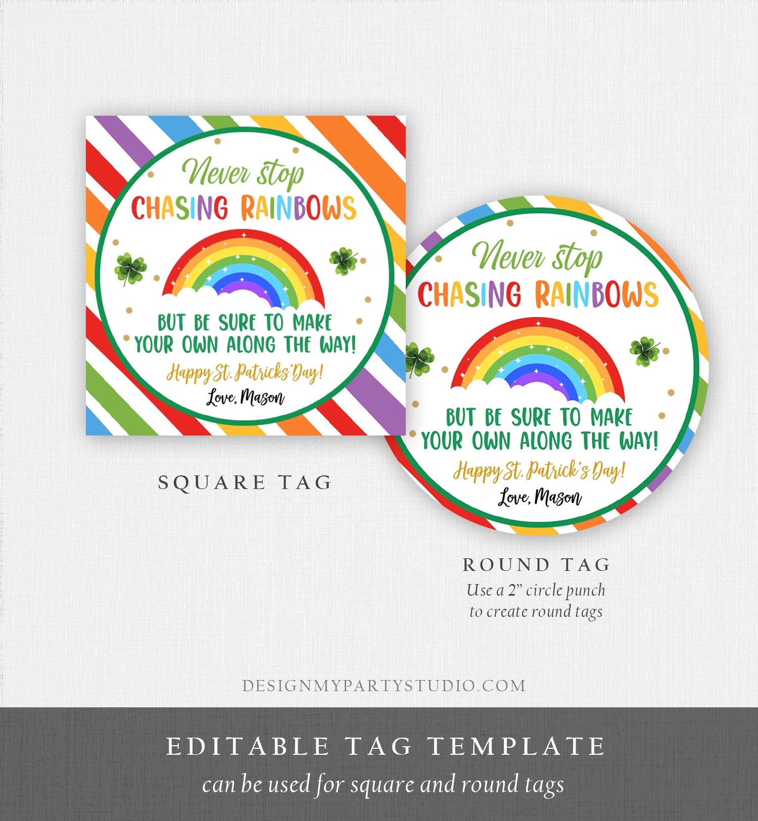 Editable Chasing Rainbows Tag St Patrick's Day Favor Classroom Gift Crayons Pot of Gold Shamrock Leprechaun Digital Template Printable 0451