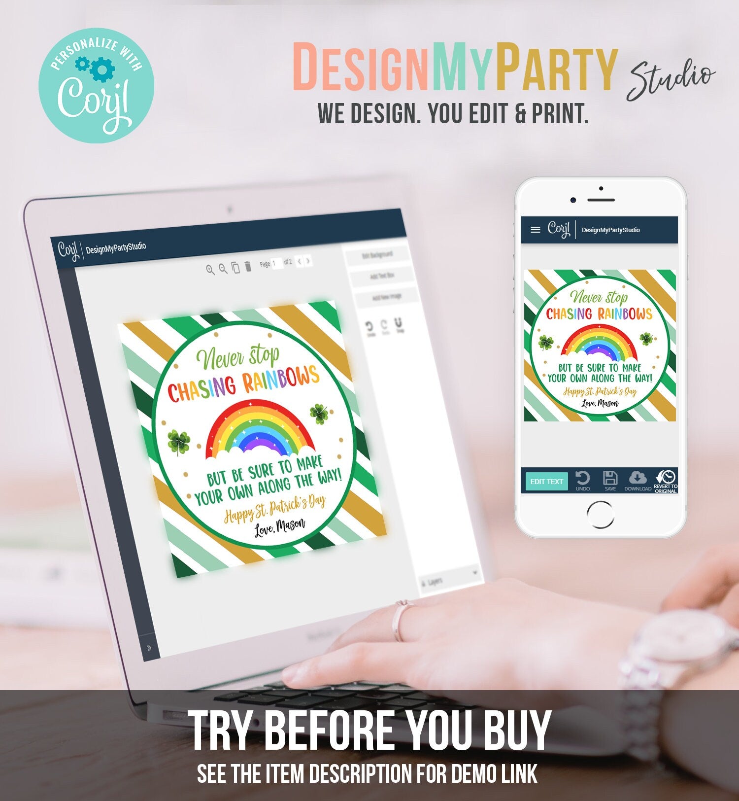 Editable Chasing Rainbows Tag St Patrick's Day Favor Tags Gift Kids Crayons Pot of Gold Shamrock Leprechaun Digital Template Printable 0451