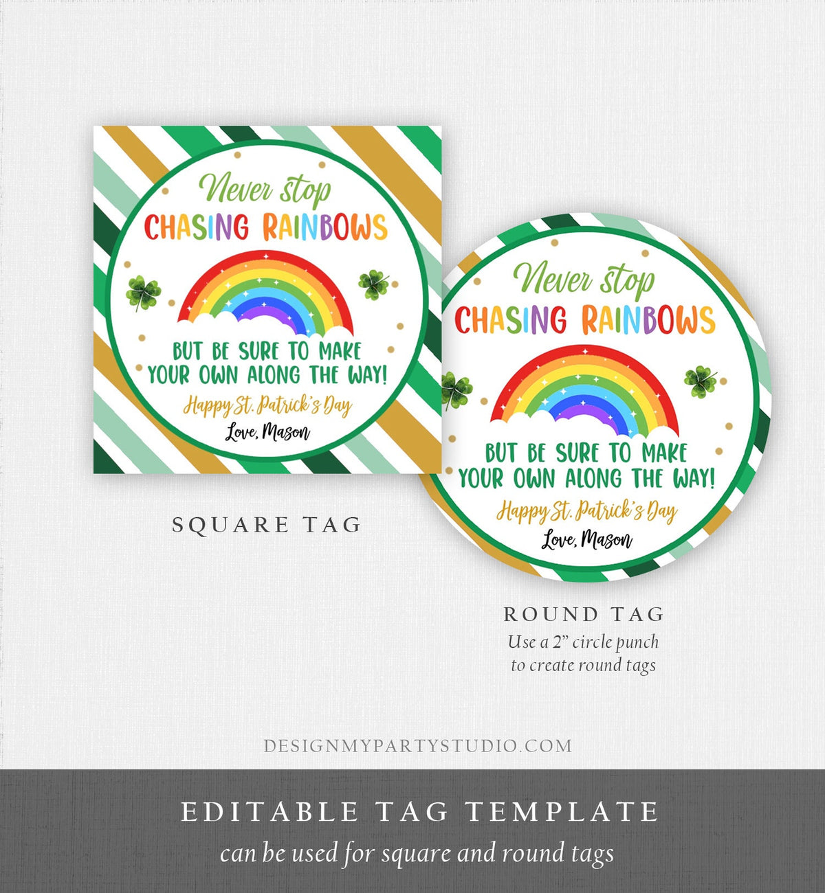 Editable Chasing Rainbows Tag St Patrick&#39;s Day Favor Tags Gift Kids Crayons Pot of Gold Shamrock Leprechaun Digital Template Printable 0451