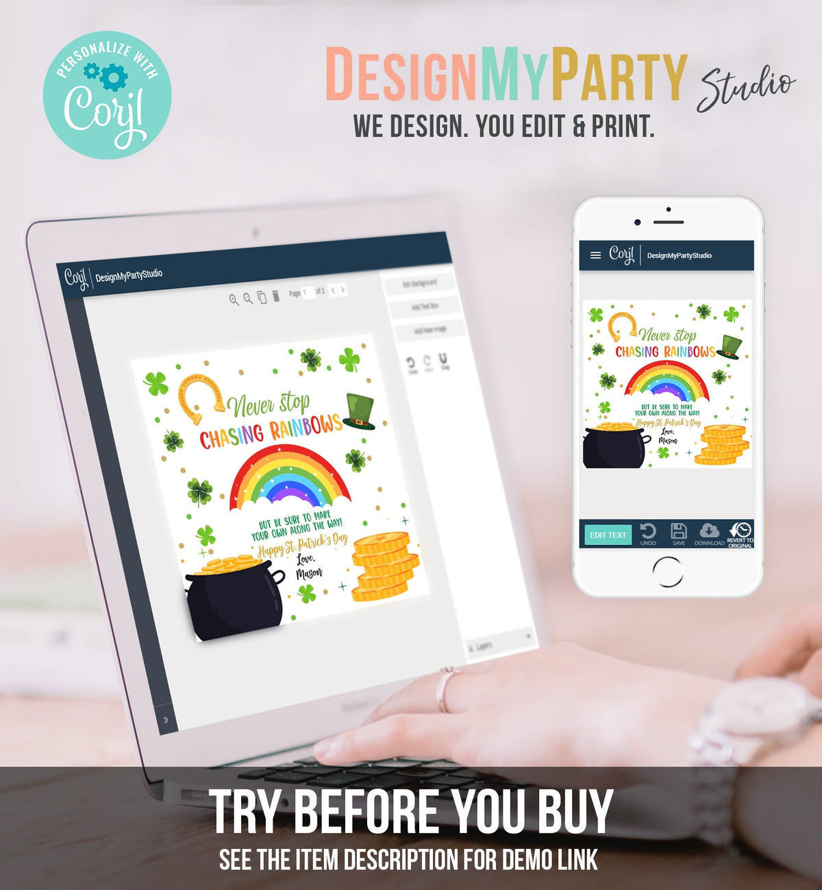 Editable Chasing Rainbows Tag St Patrick&#39;s Day Favor Tags Glassroom Gift Kids Crayons Pot of Gold Shamrock Leprechaun Template Corjl 0451