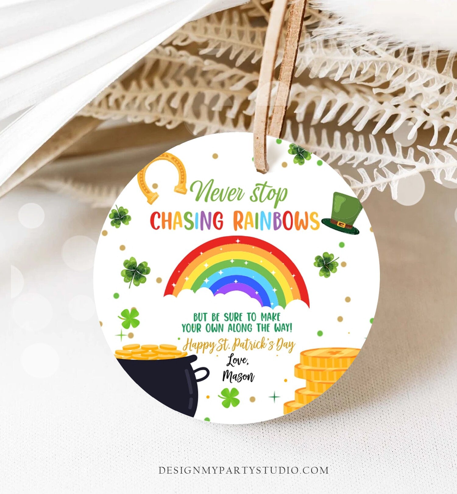 Editable Chasing Rainbows Tag St Patrick's Day Favor Tags Glassroom Gift Kids Crayons Pot of Gold Shamrock Leprechaun Template Corjl 0451