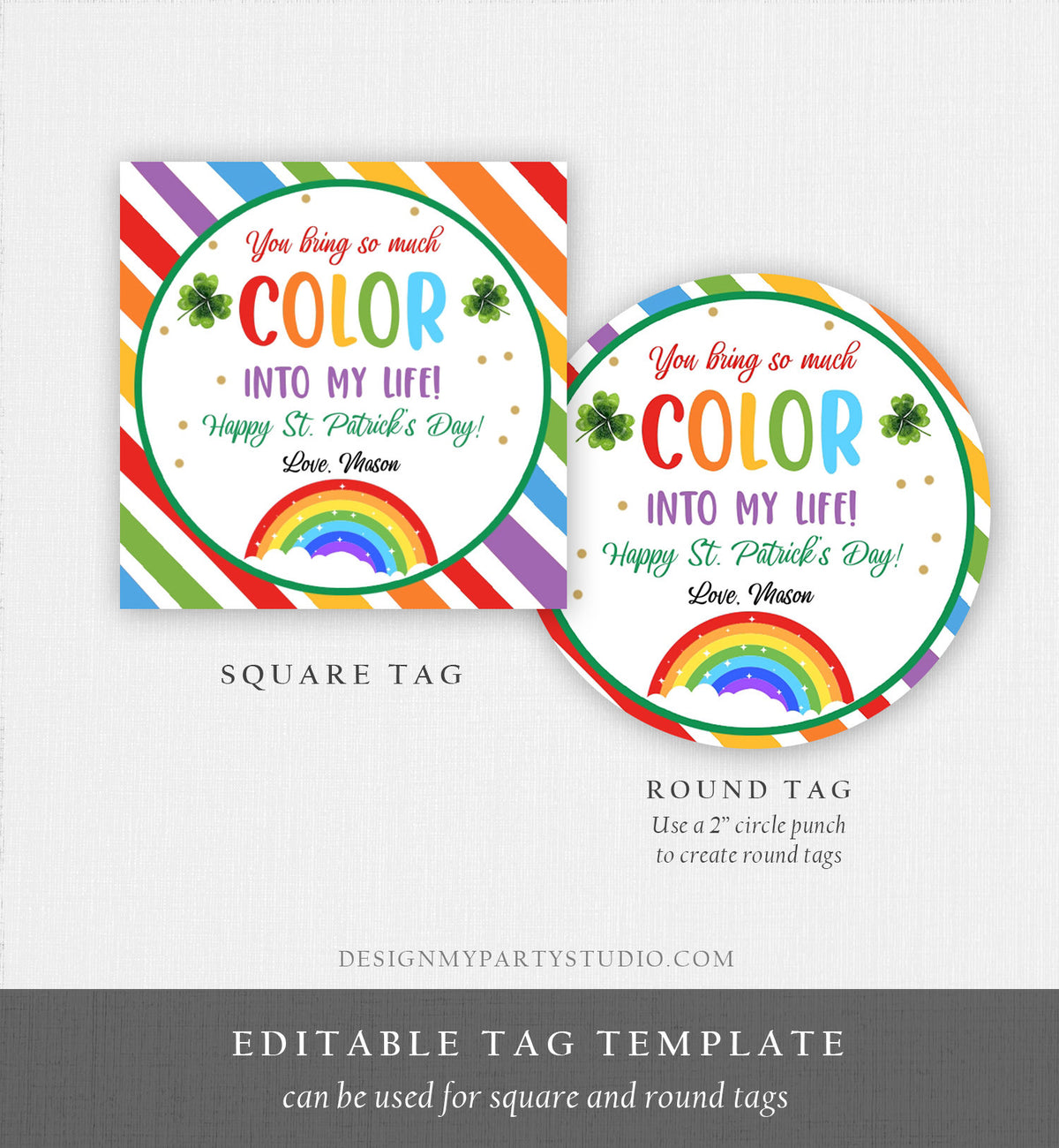 Editable Chasing Rainbows Tag St Patrick&#39;s Day Favor Tags Gift Kids Crayons Pot of Gold Shamrock Leprechaun Digital Template Printable 0451