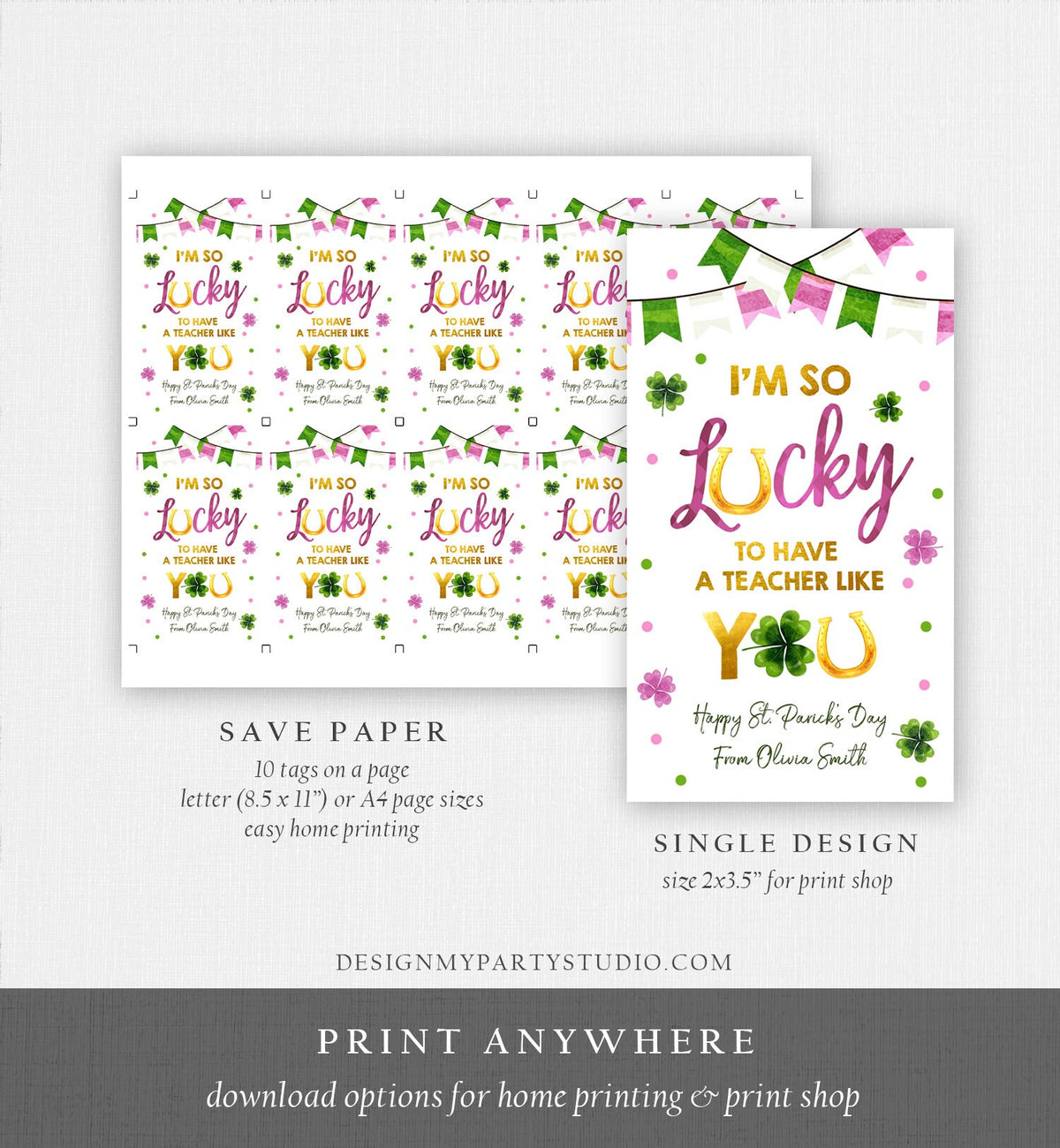 Editable St Patrick&#39;s Day Teacher Appreciation Thank You Favor Tag Im so Lucky One Girl Pink Gold Clover Shamrock Corjl Template 0379