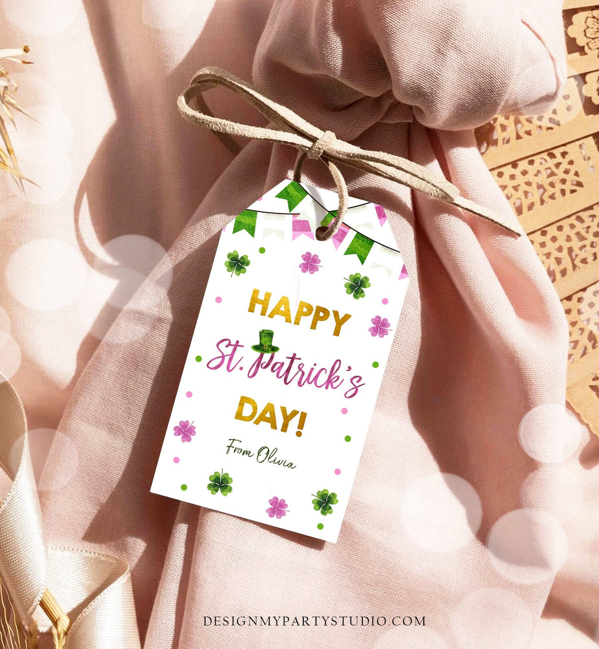 Editable Happy St Patrick&#39;s Day Thank You Favor Tag Lucky One Horseshoe Girl Pink Gold Clover Teacher Appreciation Corjl Template 0451 0379