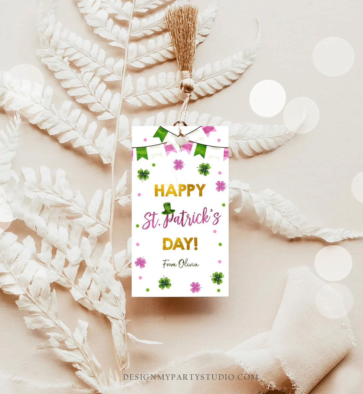 Editable Happy St Patrick&#39;s Day Thank You Favor Tag Lucky One Horseshoe Girl Pink Gold Clover Teacher Appreciation Corjl Template 0451 0379